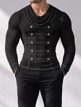 [Pre-order] Men's Victorian Vintage Evening Gala Draped Cowl Neck Double-Breasted Button Muscle T-shirt SKUL88497
