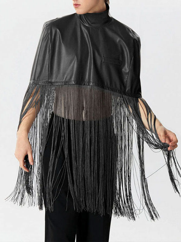 Mens PU Leather Fringe Patchwork Cloak SKUK42831