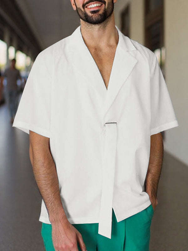 Mens Solid Color Ribbon Patchwork Short Sleeve Shirt SKUL02098