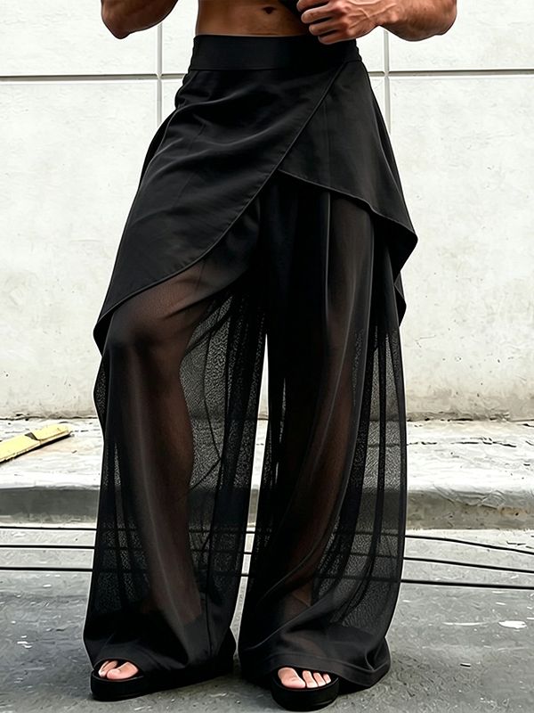 Men's Avant-Garde Draped Overlay Sheer Mesh Palazzo Pant SKUL65308