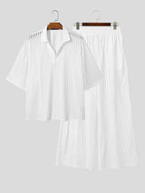 Men's Resort Casual High Street Translucent Vertical Stripe Mesh Two Pieces Outfit SKUL71254