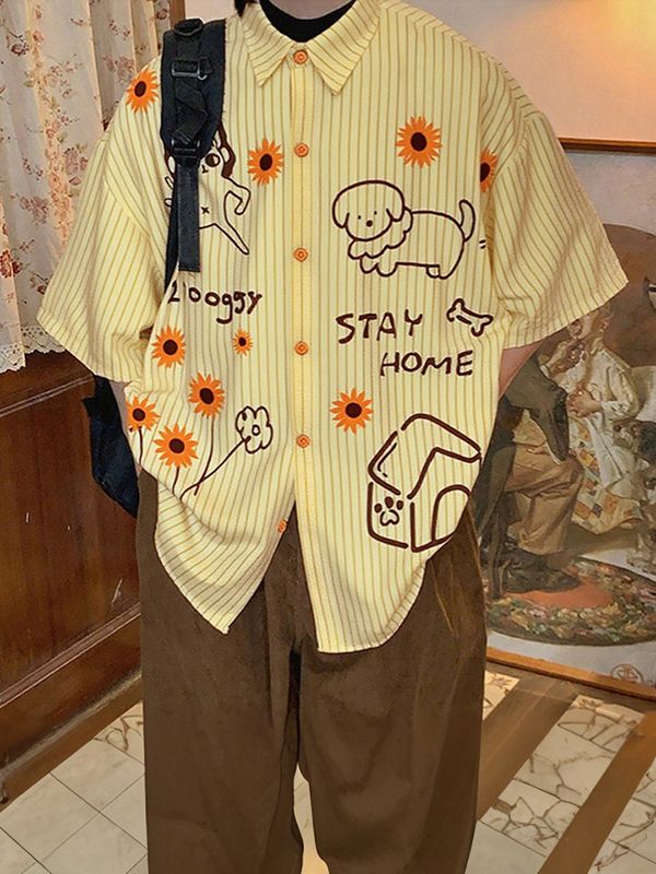 Men's Fun Print Striped Short Sleeve Shirt SKUL35365