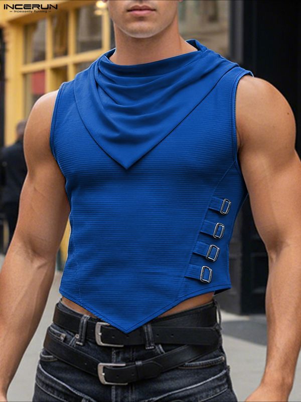 Men's Solid Color Textured Scarf Collar Tank SKUL47954