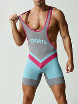 Men's Retro Color-Block Letter Print Tight Wrestling Singlet Bodysuit SKUL63816