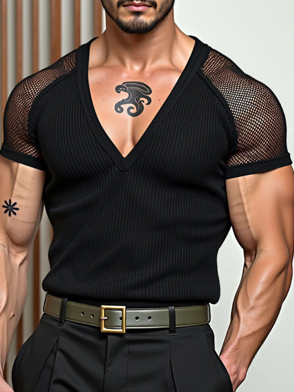 Mens Sheer Mesh V-Neck Short Sleeve T-Shirt SKUL18909