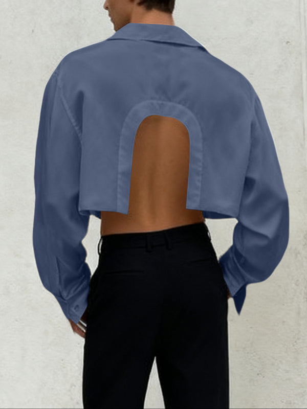 Men's Back Cutout Satin Cropped Long Sleeve Shirt SKUL47871