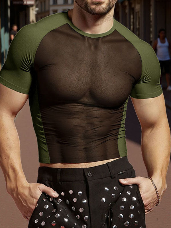 Mens Sheer Mesh Patchwork Short Sleeve T-Shirt SKUL13682