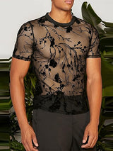 Mens Floral Jacquard Mesh See Through T-Shirt SKUK45293