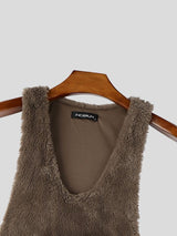 Men's Cozy Plush Fleece Deep V-Neck Dropped Armhole Tank SKUL77422