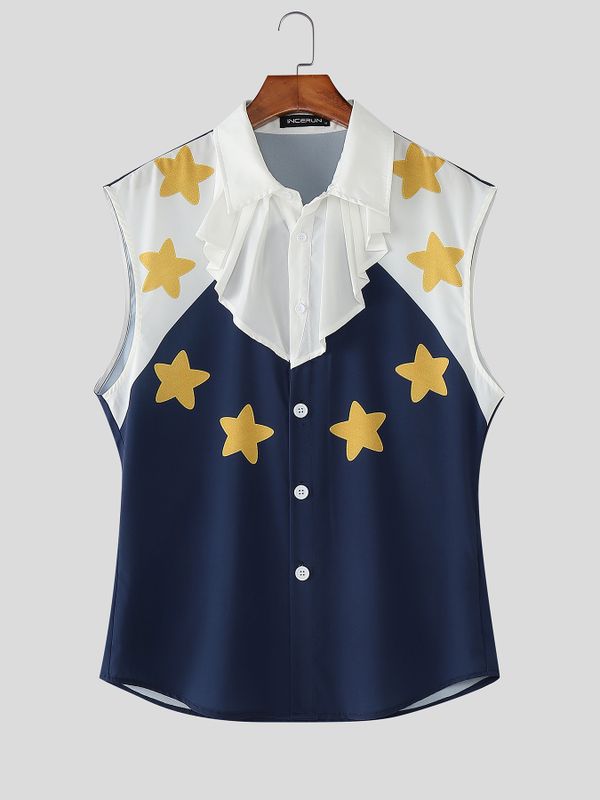 Men's Star Print Ruffled Jabot Sleeveless Shirt SKUL55309