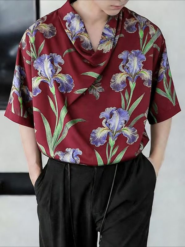 Men's Floral Print Draped Cowl Neck Relaxed Fit Short Sleeve Shirt SKUL61180