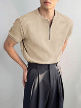 Men's Textured Knitted Half Zip Short Sleeve T-Shirt SKUL38889