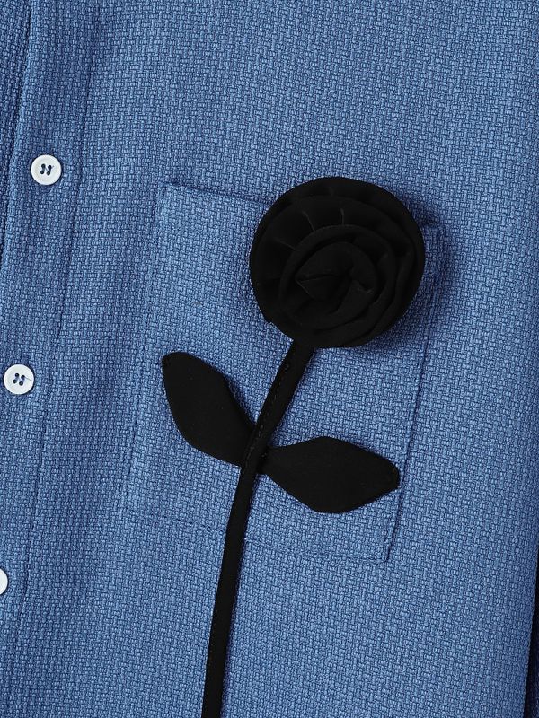 Men's Clean Fit 3D Rose Flower Patch Pocket Waffle Texture Long Sleeve Band Collar Shirt SKUL82419