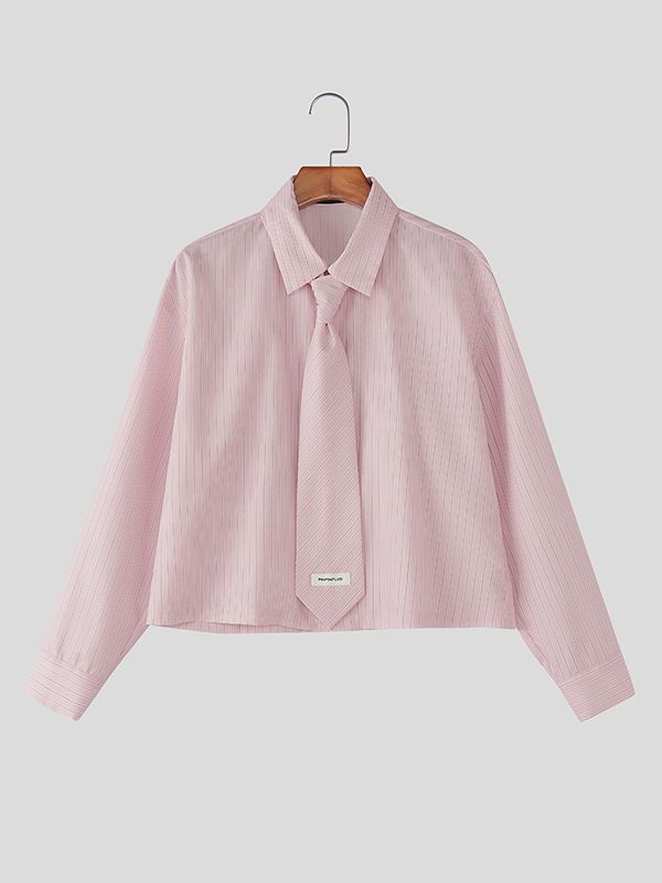 Men's Striped Tie Cropped Long Sleeve Shirt SKUL47902