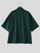 Men's Contrast Trim Frog Button Stand Collar Half Sleeve Shirt SKUL60611