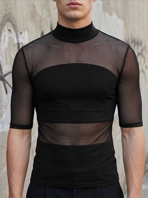 Men's Avant-Garde Sheer Mesh Paneled Mock Neck T-shirt SKUL63115