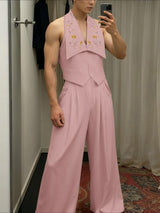 Men's Floral Embroidery Turn Down Collar Two Pieces Outfit SKUL38945