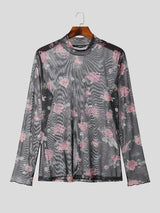 Mens Floral Print Mesh Long Sleeve T-Shirt SKUK27752