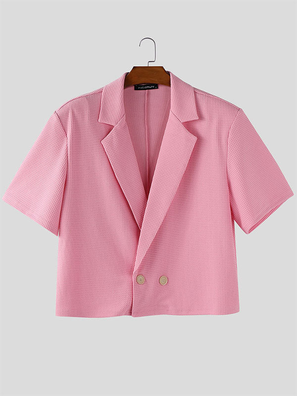 Men's Solid Color Textured Cropped Short Sleeve Blazer SKUL28419