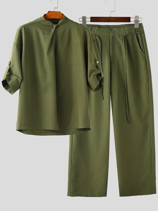 Men's Solid Draped Collar Casual Two Pieces Outfit SKUL33012