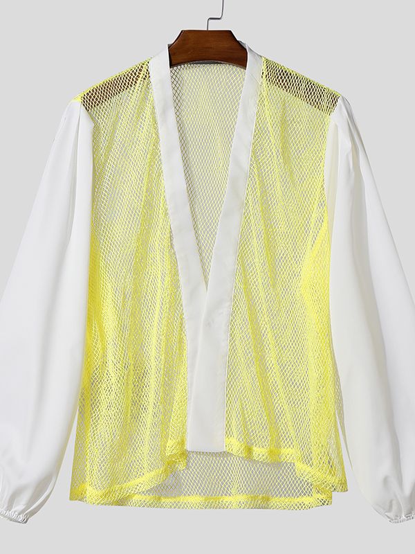 Men's Sheer Mesh Contrast Color Long Sleeve Shirt SKUL46095
