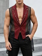 Men's Avant-Garde Studded Lapel Sheer Mesh High-Low Tuxedo Blazer SKUL63810