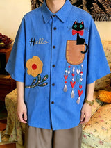 Men's Harajuku Streetwear Plaid Cartoon Cat Print Oversized Casual Shirt SKUL59651