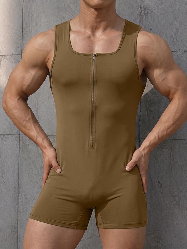 Men's Athletic Gym Front Zip Skinny Sleeveless Bodysuit SKUL72625