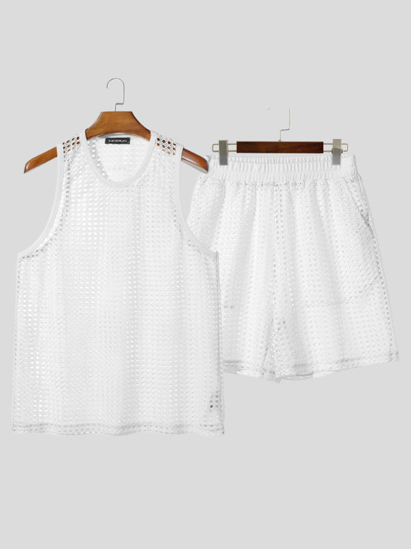 Mens Sheer Mesh Hollow-Out Two Pieces Outfit SKUL19151