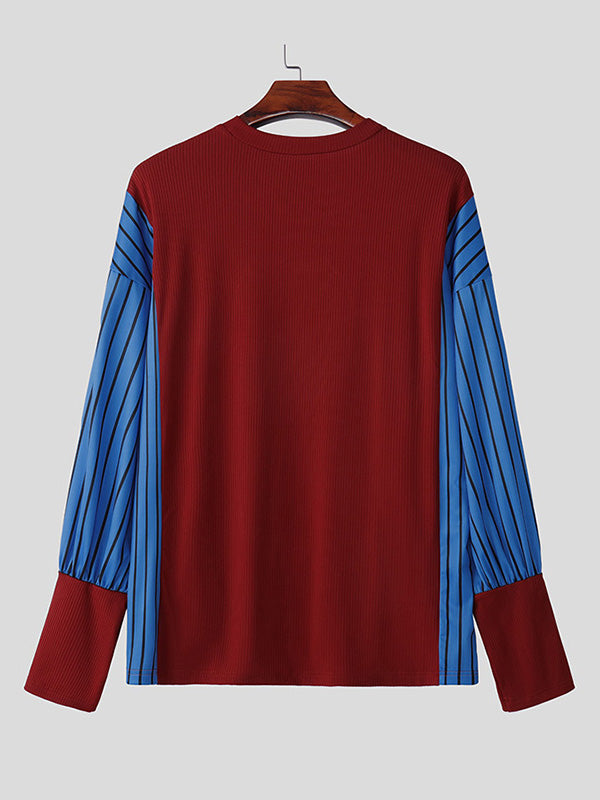 Mens Textured Patchwork Color-Block Long-Sleeve T-Shirt SKUK88171