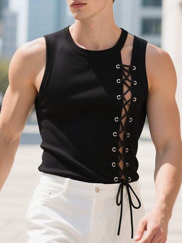 Mens Solid Color Knit Cross Tie Hollow Tank SKUL16798