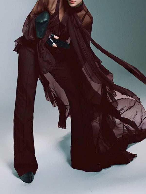 Men's Ruffled Patchwork Sheer Mesh Long Sleeve Shirt SKUL27365