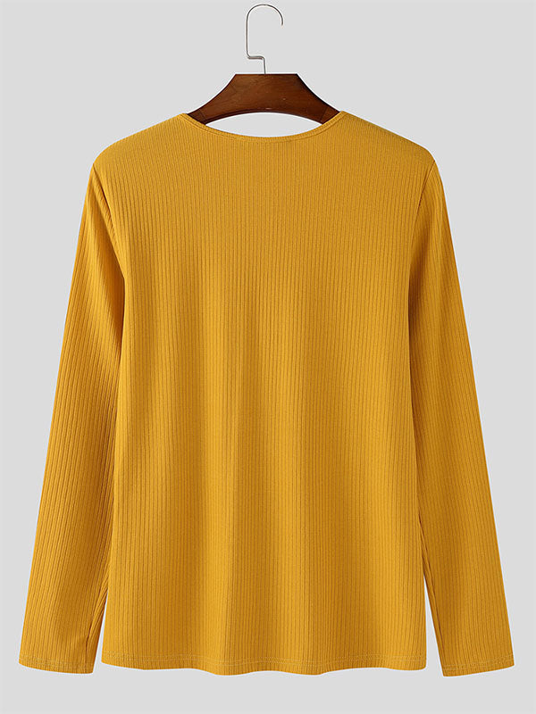 Men's Solid Texture Ribbed Long Sleeve T-Shirt SKUL29521