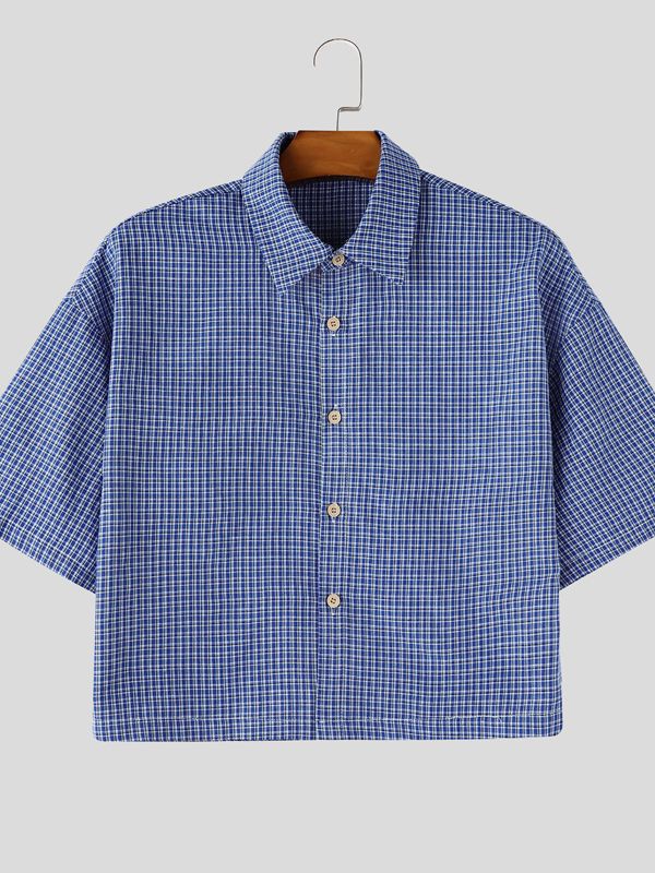 Men's High Street Casual Plaid Boxy Cropped Short Sleeve Shirt SKUL74586