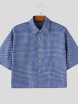 Men's High Street Casual Plaid Boxy Cropped Short Sleeve Shirt SKUL74586