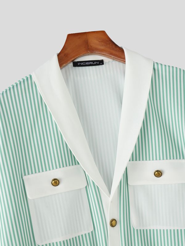 Men's Vintage Preppy Vertical Striped Knit Contrast Shawl Collar Pocket Short Sleeve Shirt SKUL63829