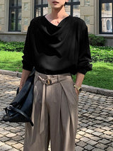 Men's Solid Color Draped Collar Design Long Sleeve Shirt SKUL36334