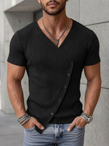 Men's Avant-Garde Deconstructed Asymmetric Slanted Button V-Neck Ribbed Fitted Short Sleeve T-shirt SKUL72643