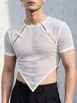 Men's Avant-Garde New Chinese Style Sheer Mesh Frog Button Pointed Hem T-shirt SKUL59967