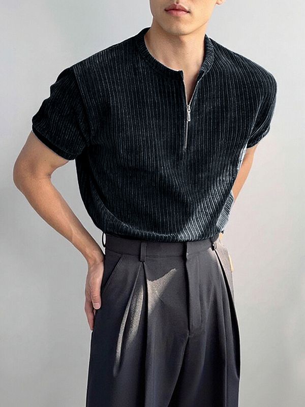 Men's Textured Knitted Half Zip Short Sleeve T-Shirt SKUL38889