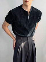 Men's Textured Knitted Half Zip Short Sleeve T-Shirt SKUL38889