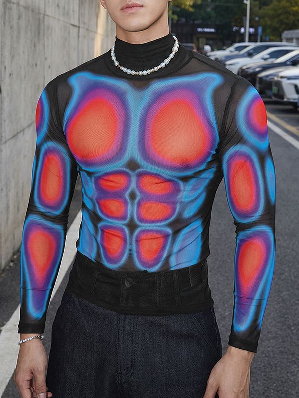 Men's Futuristic Sheer Mesh Thermal Muscle Print Mock Neck Long Sleeve Shirt SKUL64229