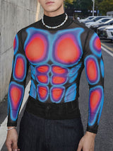 Men's Futuristic Sheer Mesh Thermal Muscle Print Mock Neck Long Sleeve Shirt SKUL64229