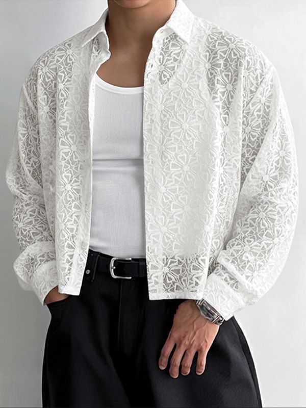 Men's Jacquard Textured Sheer Long Sleeve Shirt SKUL38886