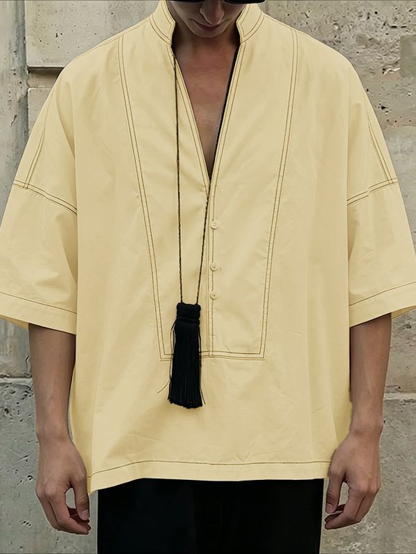 Men's Vintage Casual Contrast Stitching Deep V Neck Short Sleeve Shirt SKUL63973