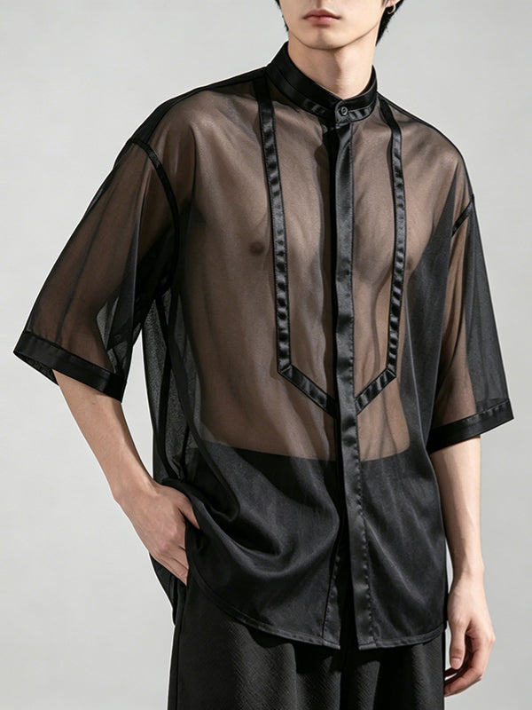 Men's Modern Neo-Chinese Fusion Trim Mesh Drop-Shoulder Short Sleeve Shirt SKUL71323