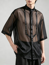Men's Modern Neo-Chinese Fusion Trim Mesh Drop-Shoulder Short Sleeve Shirt SKUL71323