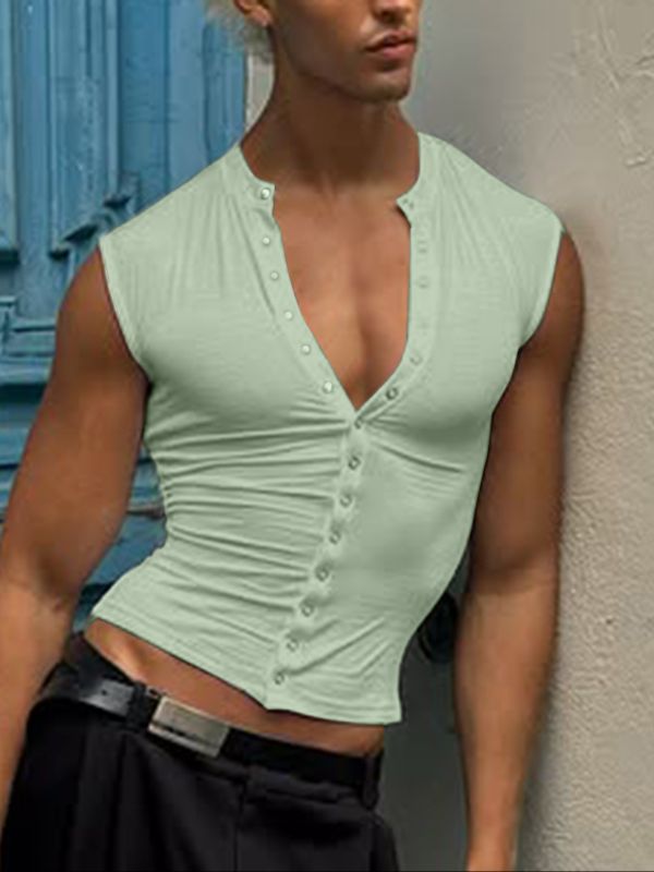 Men's Solid Color Textured Button Tank SKUL46091