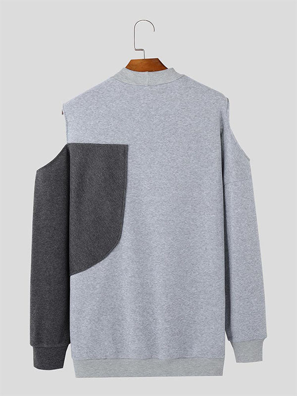 Mens Off-Shoulder Color-Block Patchwork Long-Sleeve Hoodie SKUK92470