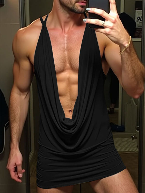 Mens Solid Color Cowl Neck Semi-Sheer Tank SKUL12390